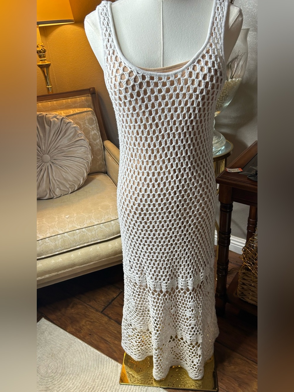 MICHAEL Michael Kors Cream Crochet Maxi Dress Coastal,Boho Resort